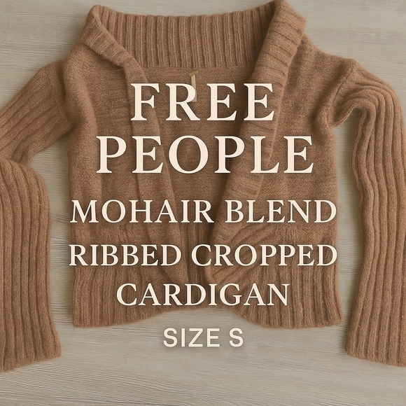 Free People Mohair Blend Brown Ribbed Cropped Cardigan ☕ Size S - Picture 1 of 8